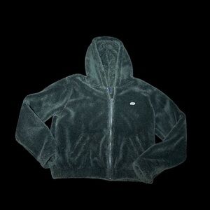 Y2K Abercrombie & Fitch Faux Fur Teddy Bear Dark Forest Green Zip Hoodie Small